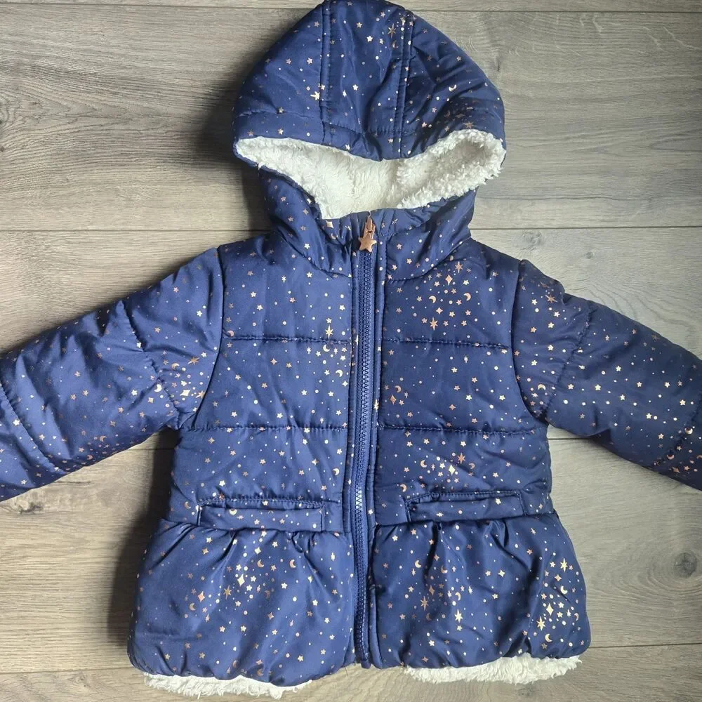 OshKosh B'gosh Baby Girl 24M Navy Metallic Gold Celestial Stars Moon Puffer Coat